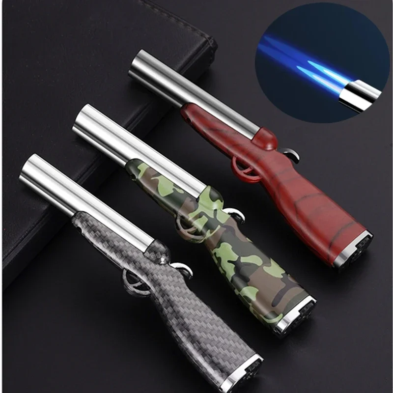 Creative Double Flame Pistol Lighter Windproof Double Spray Butane Gas Open Fire Mini Lighter Smoking Accessories Men\'s Gift