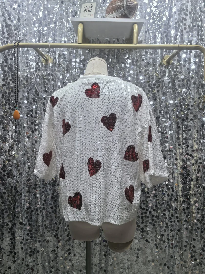 

Новая женская летняя футболка с коротким рукавом и пайетками, уличный стиль, круглый вырез, хип-хоп, для ночного клуба, геометрический принт, прямой крой, женские топы