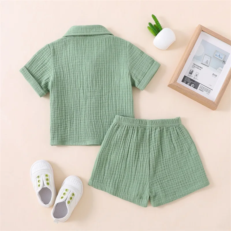 Baby Boys Summer Casual Outfits Toddler Solid Color Short Sleeve Buttons Lapel Shirts Short Pants Kids Boys Soft Clothing Set