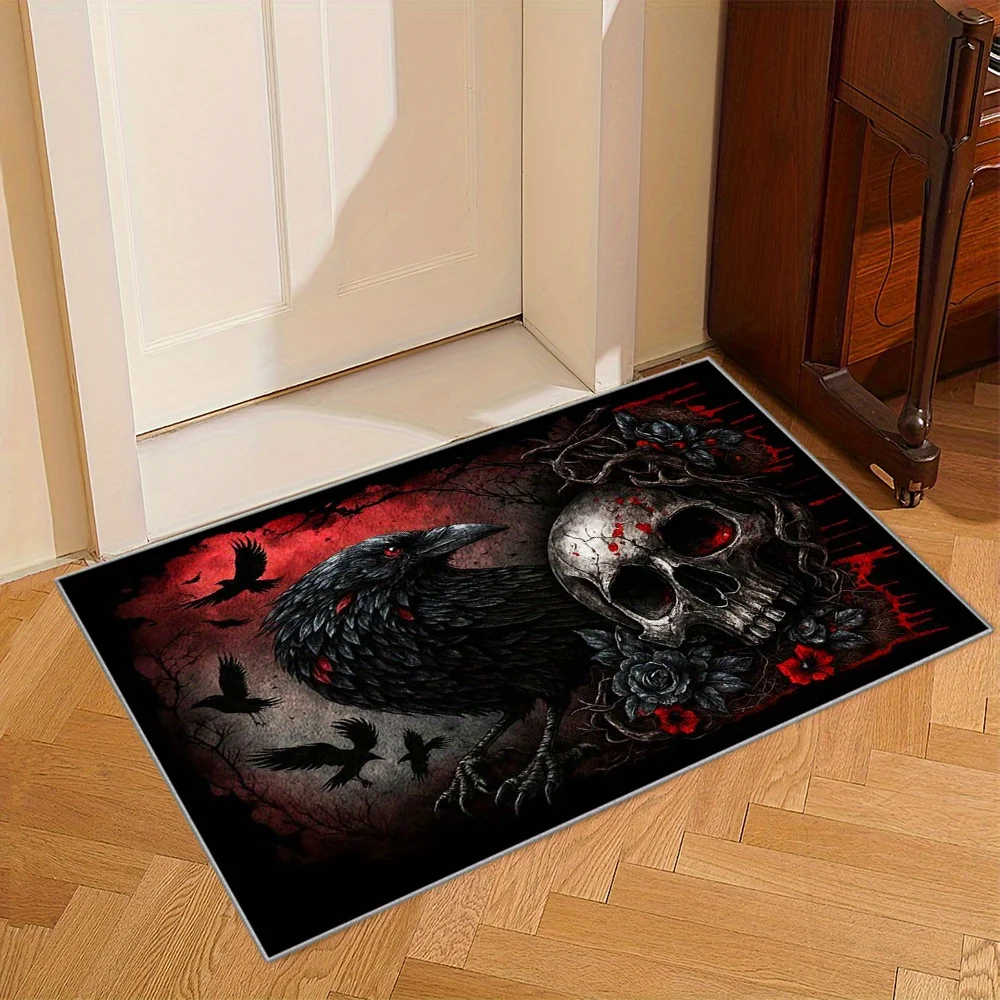 Dark Gothic Crow Skull Printed Area Rug, Red‑Black Mysterious Horror Pattern, Non‑Slip Washable Rectangular Floor Mat