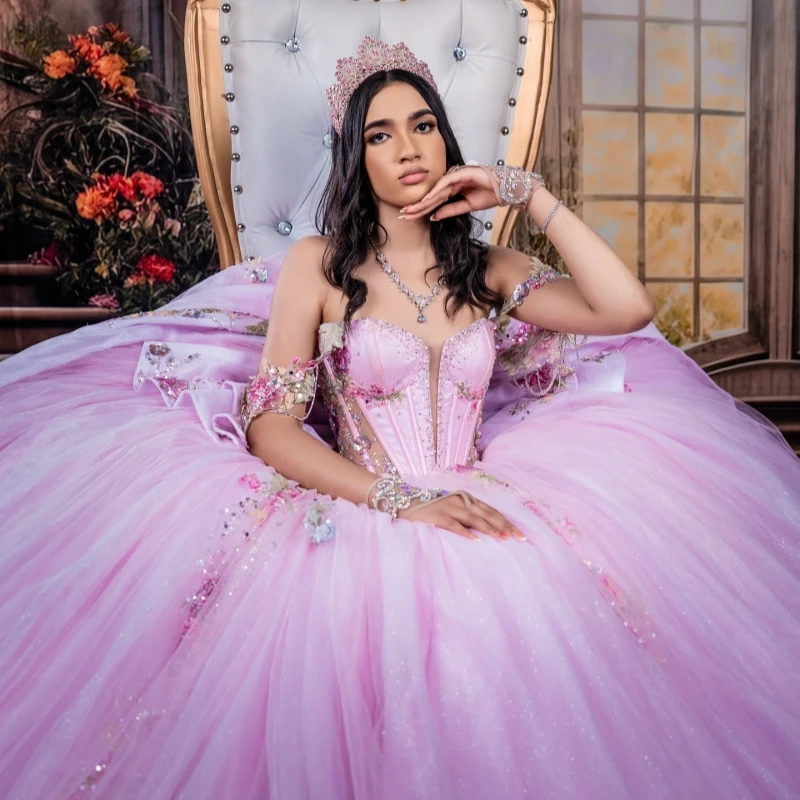 فساتين Quinceanera الوردية اللامعة قبالة الكتف الترتر زين الدانتيل الخرز تول حفلة عيد ميلاد الحلو 16 فستان Vestidos 15 De #4