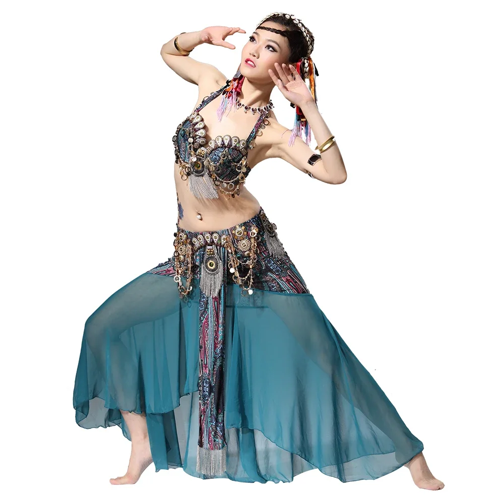 

Stage Performance Women Dancewear Tribal Bellydance Outfit Set C/D Cup Coins Bra Skirts Belly Dance Costume 2pcs Bra Skirt