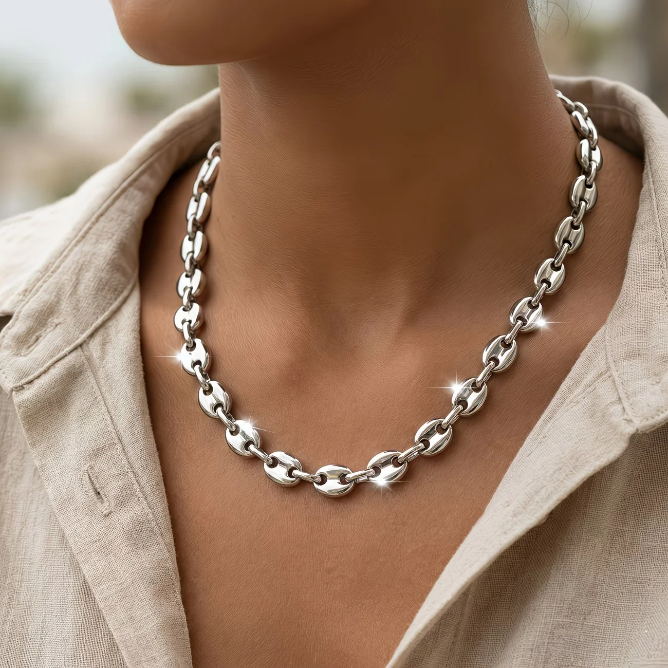 1pc 5mm Minimalist Pig Nose Chain Coffee Bean Chain Oval Hollow European And American Easy Chain Jewelry 45/50/55/60cm