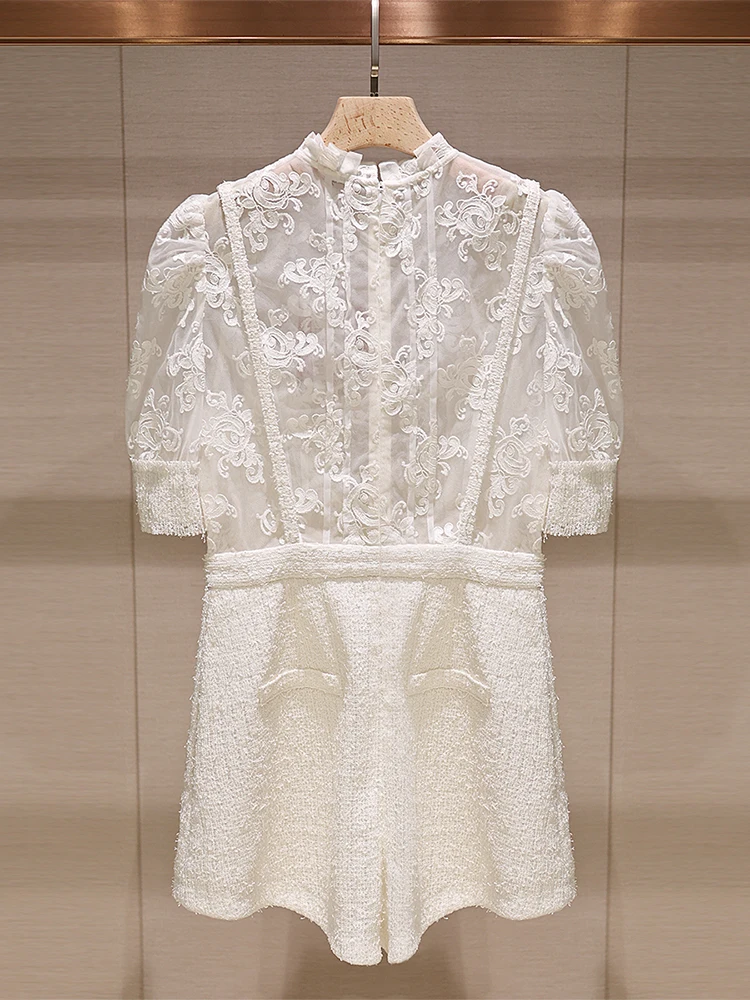 Combinaison courte en dentelle blanche pour femme, vêtements pour femme, été 2025, tenue de travail, taille haute, pantalon, détail de broderie florale