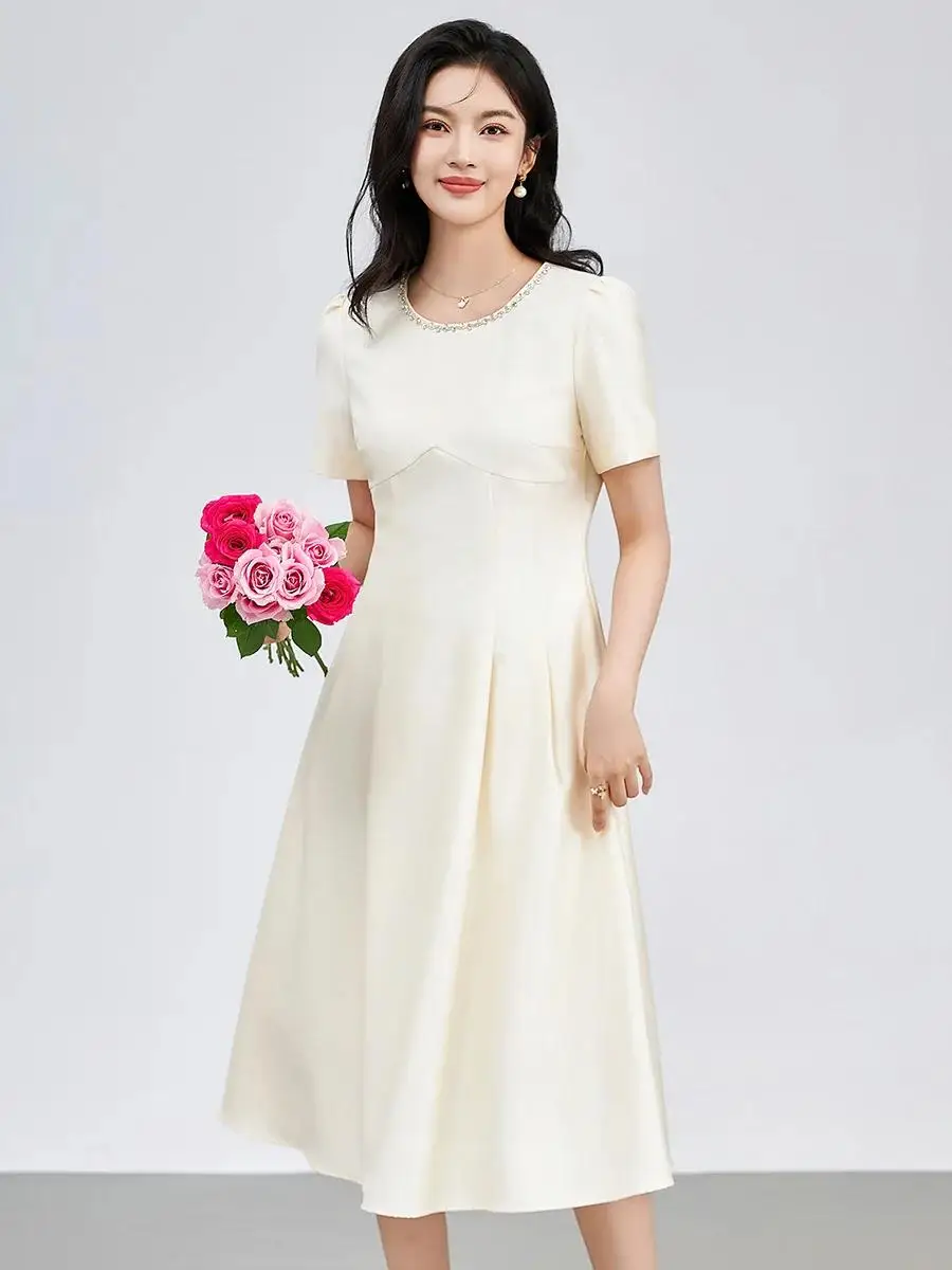 2024 Summer Clothes Short Sleeve Formal Occasion Dress Elegant Beading O Neck Midi Party Dresses for Women Vestidos Black