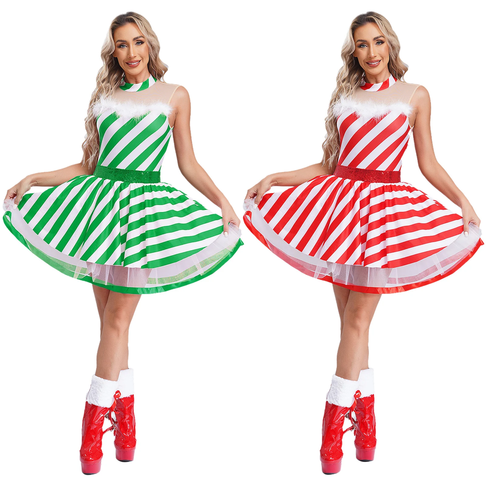 Womens Christmas Xmas Candy Cane Costume Santa Dress Sleeveless Striped Ballet Dance Leotards Dress Xmas Festival Party Dress Up