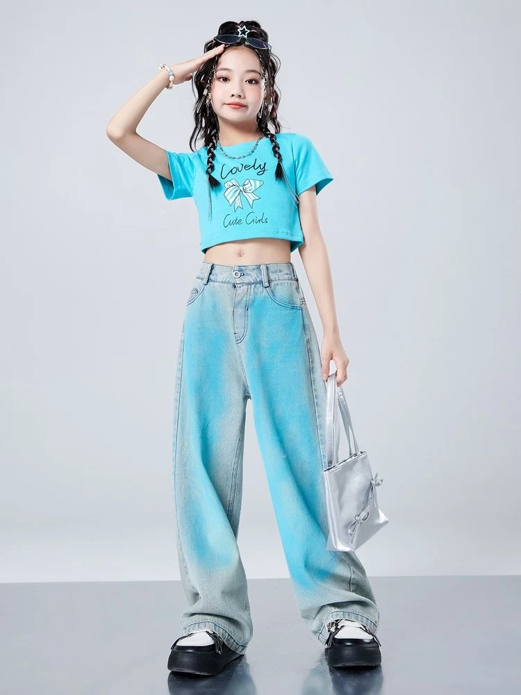 Costume de danse jazz bleu pour filles, vêtements de performance, vêtements de scène, tenues K-pop, vêtements Hip Hop pour enfants, Y-Jeans, BL13199