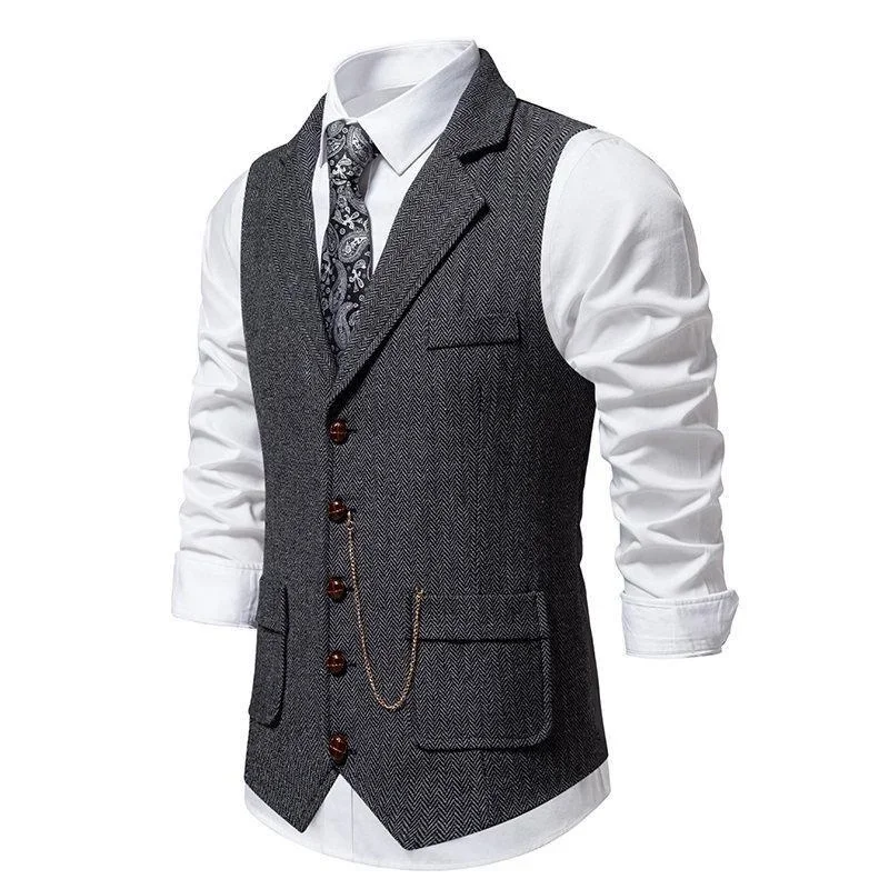 Men\'s Retro Lapel Chain Vest Fashion Herringbone Coarse Tweed Pockets Suit Vest Casual Business Waistcoat Leisure ropa hombre