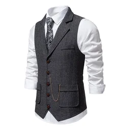 Men's Retro Lapel Chain Vest Fashion Herringbone Coarse Tweed Pockets Suit Vest Casual Business Waistcoat Leisure ropa hombre