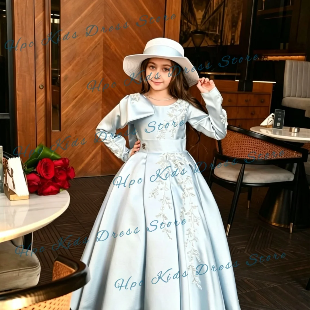 Girl's Light Blue Satin Flower Girl Dress with One-Shoulder Asymmetric Ruffle Design and Silver Embroidery, Elegant Wedding Gown