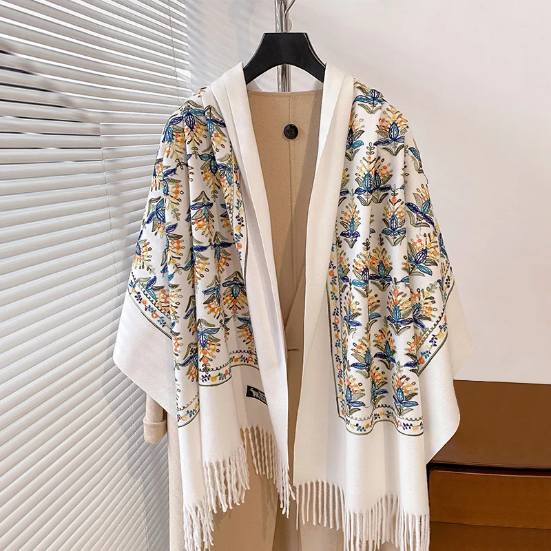 Bordado feminino Pashmina Lenços, Grosso, Calor, Borla longa, À prova de vento, À prova de água, Cobertor, Cachecol, Inverno, Elegante, 2022