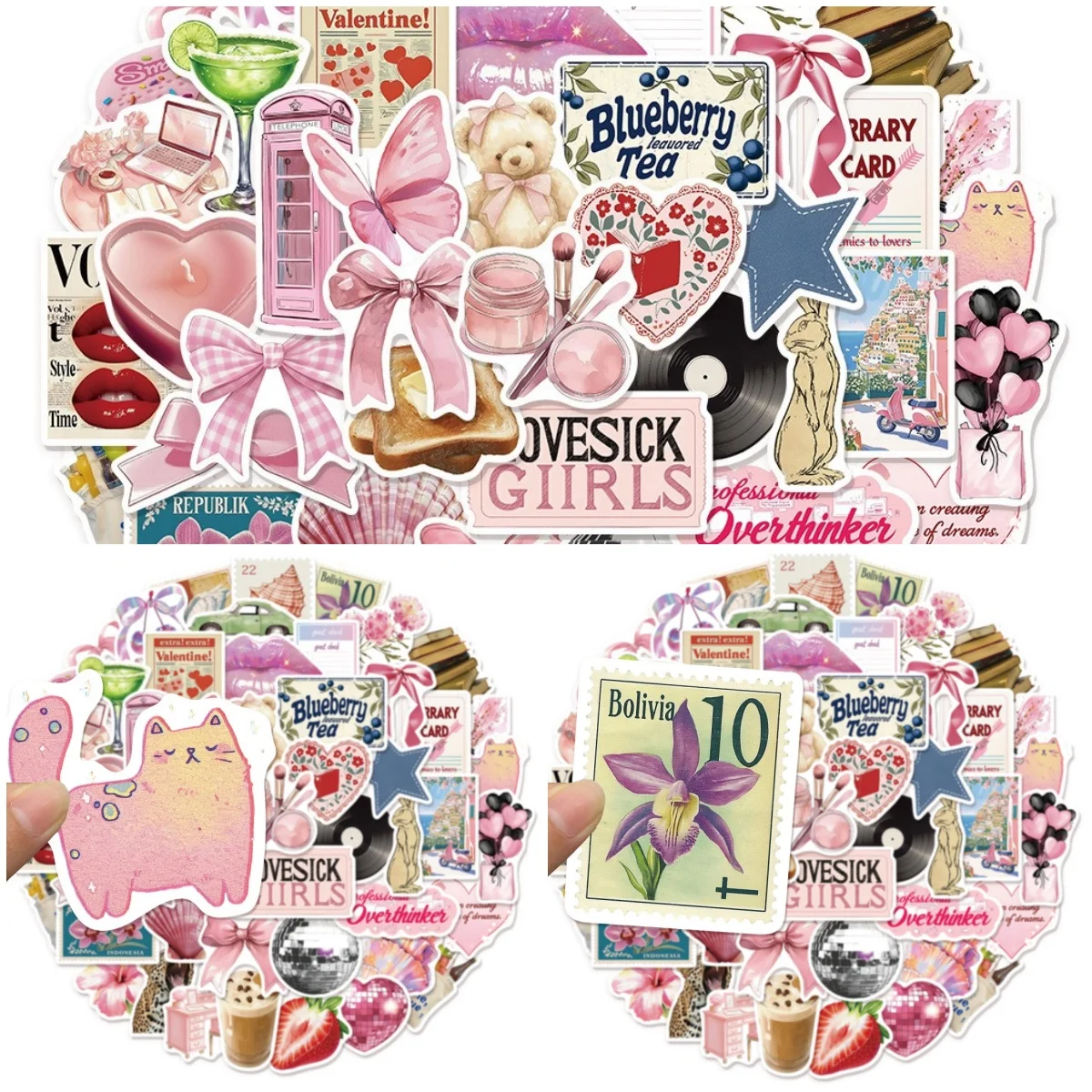 Autocollants roses de dessin animé, 50 pièces, autocollants de papeterie de style Ins, étiquettes manuelles DIY, autocollants pour carnet, tasse d'eau, tablette