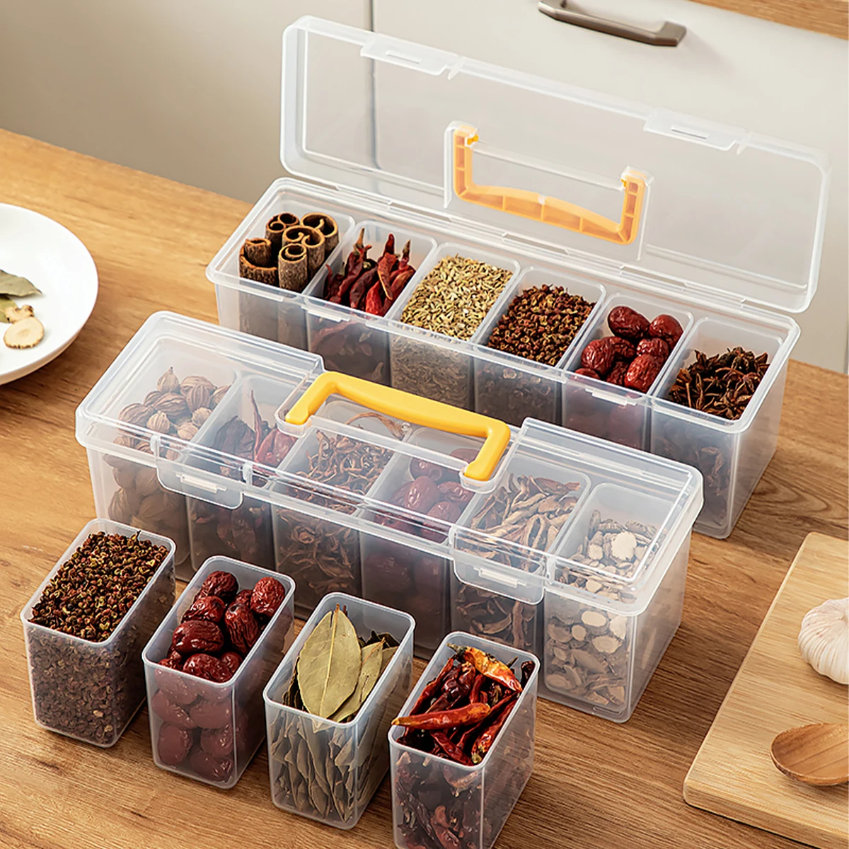 WORTHBUY 6 Grids Sealed Plastic Storage Box With Handle Portable Large Capacity Spice Storage Container Clear Kitchen Organizer