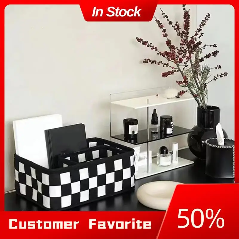 AT03 Cesta de almacenamiento a cuadros elegante superior en blanco y negro, perfecta para uso doméstico, organizador de juguetes y cosméticos