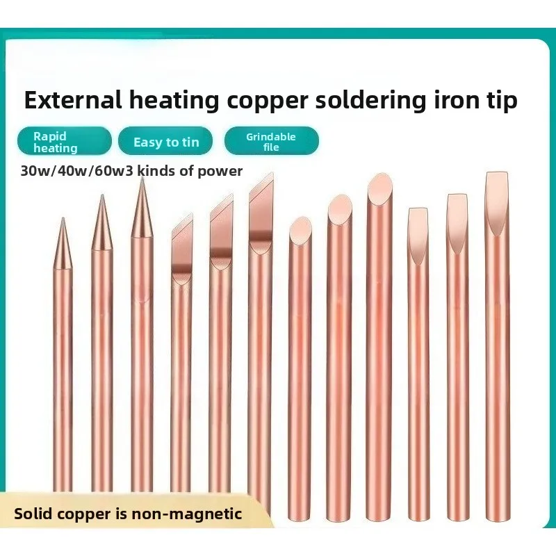External Heating Soldering Iron Tip, Pure Copper, Lead-Free, Non-Magnetic, 60W, Red Copper Welding Head