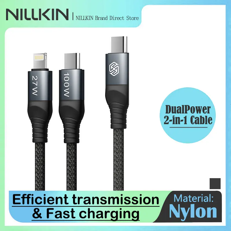 NILLKIN Кабель для быстрой зарядки 2-в-1 мощностью 100 Вт — Type C — Lightning для iPhone Android, нейлоновая оплетка с чипом E-Mark, синхронизация данных 480 Мбит/с