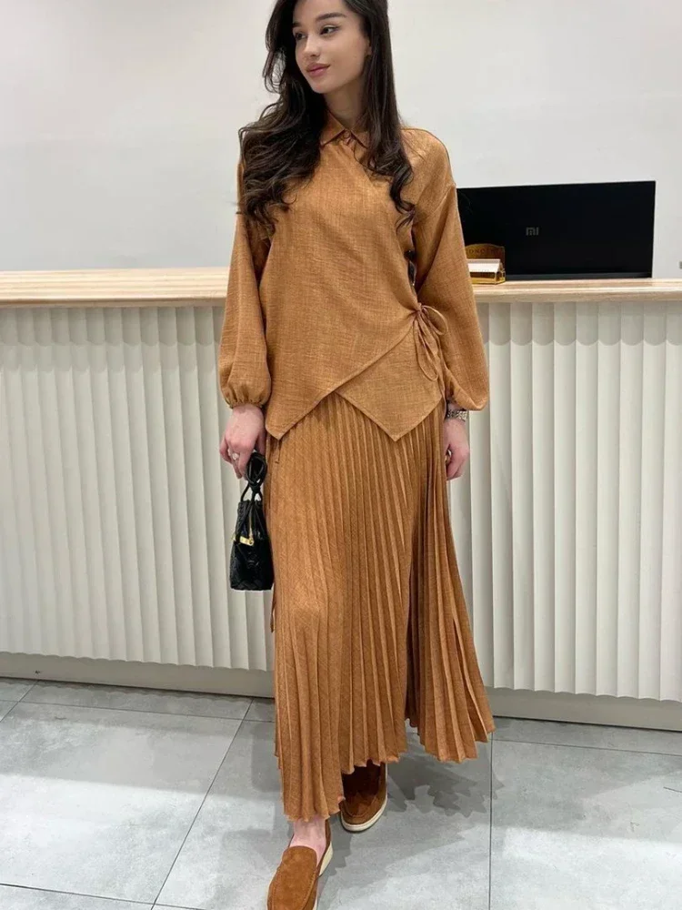 2024 New Multi-field and Wearable Set Muslim Female Temperament Long Sleeve Tie Irregular Design Shirt Pleated Half-body Dress