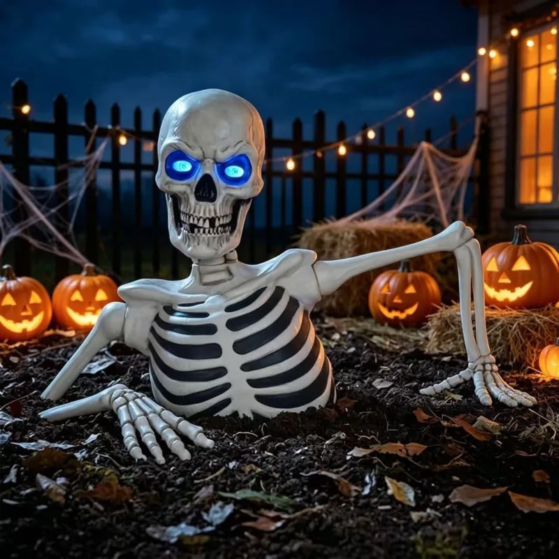 Realistic Half Body Skeleton Prop, Fake Bones Blue Eyes Horror, Yard Garden Lawn Cemetery Halloween, Party Scary Decoration Gift
