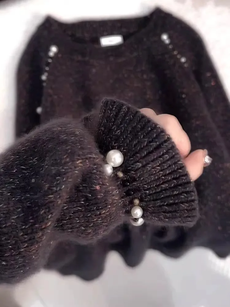 Korean Sle round Ne Beaded Knitted Sweater Women's Autumn High-End Sensation New Faion Casual Versatile Long Sve Top