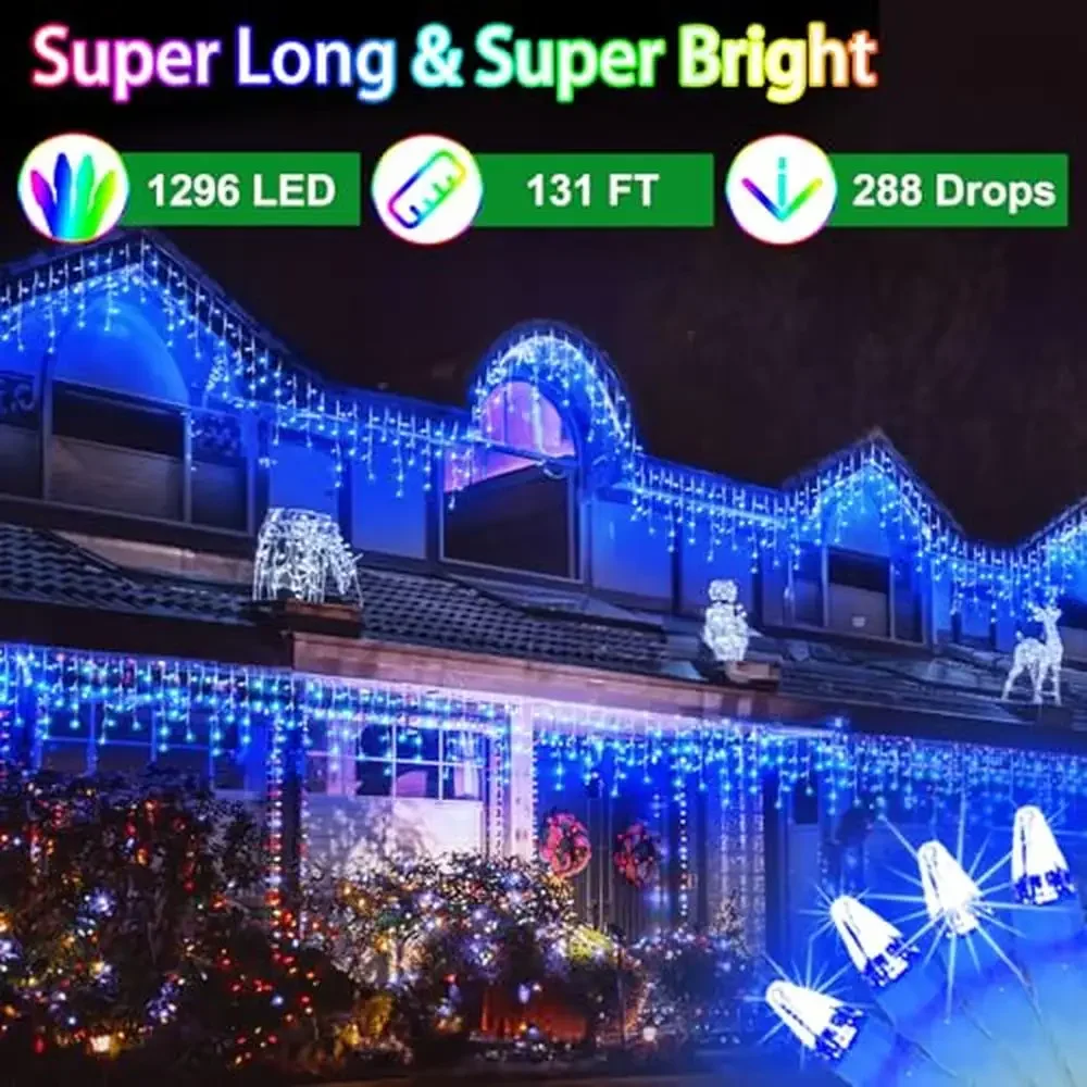 LED Christmas Curtain Lights with 1296 LEDs 288 Drops 131FT Outdoor Hanging Lights 8 Modes & Timer Plugin Fairy Lights Outdoor