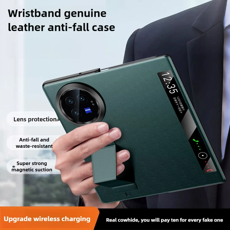 Genuine leather New for VIVO X Fold 3 Pro Case wristband smart window magnetic ultra-thin flip protective cover for vivo x fold3