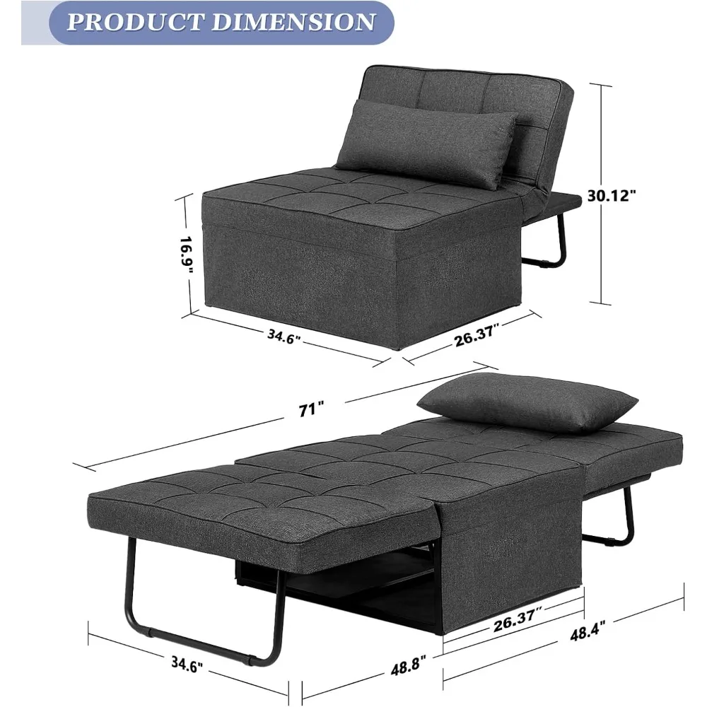 Multifunctional 4-in-1 Convertible Sleeper Sofa with Ottoman, Breathable Linen Fabric, Adjustable Backrest for Comfortable Seati