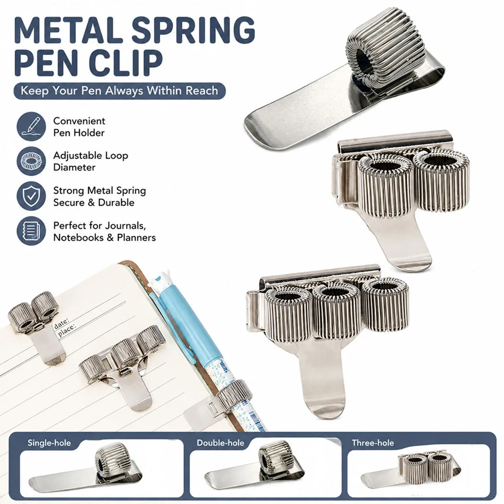 Metal Pen Holder Single/Double/Triple Hole Pen Holder With Pocket Clip Retractable Spring Loop Pen Clip For Notebook