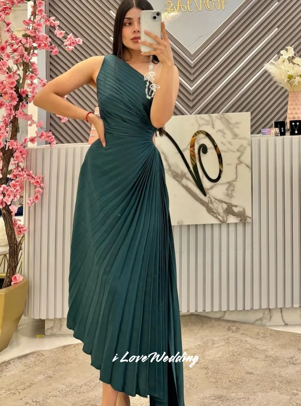 

Emerald One Shoulder Evening Dress 2025 Sleeveless A-Line Prom Dress Ankle-Length Elegant Pleated Wedding Party Dress Customized