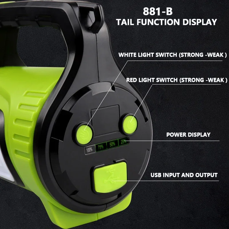 LED Rechargeable Search Light USB LED flashlight 2 side night light lamp hand Handle Spotlight Ultra-long Standby,WHite +RED LED