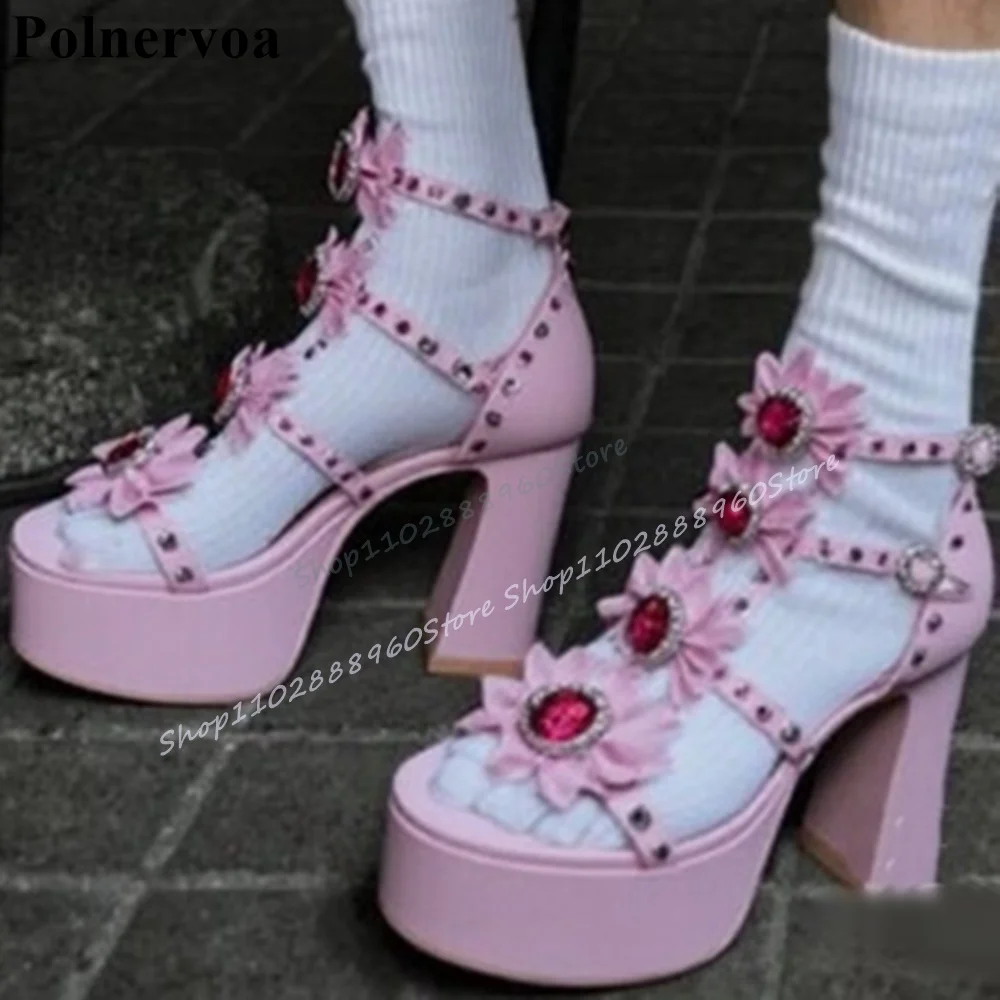 

Buckle Strap Pink Platform Handmade Crystal Flower Sandals Block Heel Women Shoes Back Zipper Open Toe 2025 Zapatos Para Mujere