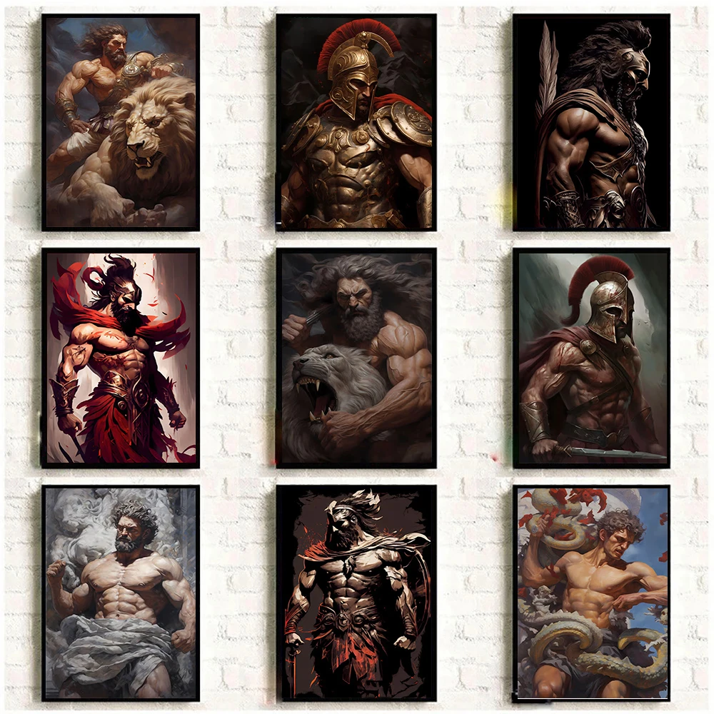 Robust Warrior and Lion Print Poster Ancient Roman Strong Man Wall Art Picture Classical Canvas Painting Home Decor Aesthetic