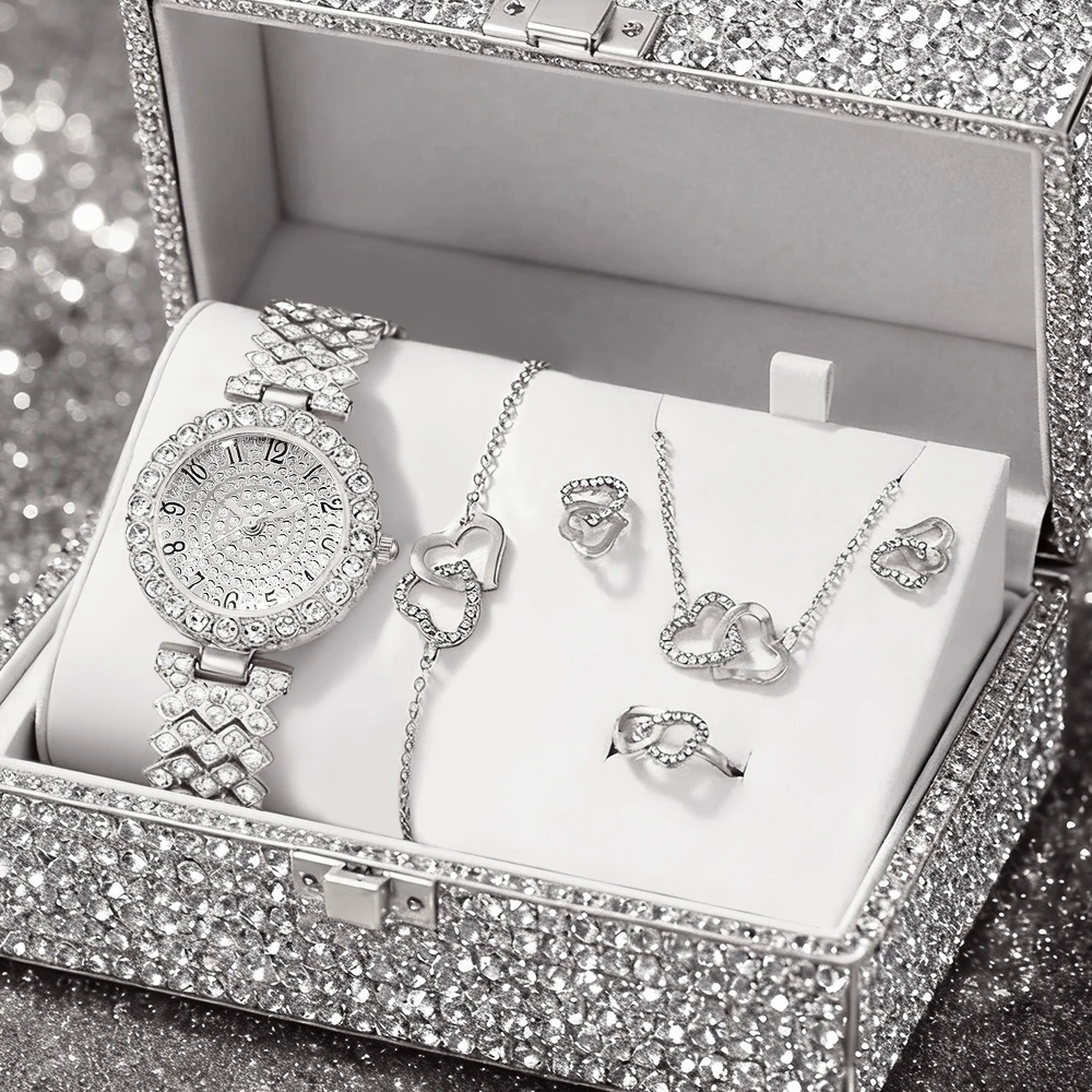 6PCS elegant ladies' round dial quartz watch with necklace and bracelet accessories set, suitable for daily wear - view 3