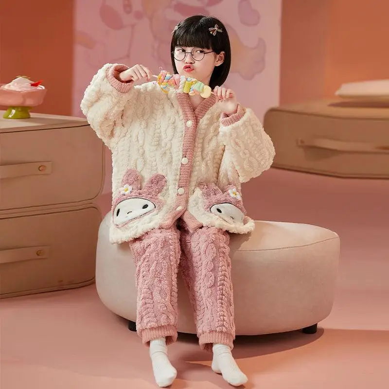 

Детские пижамы Sanrio My Melody, комплект из двух предметов, осенне-зимние утепленные штаны для девочек, кавайная новая теплая домашняя одежда