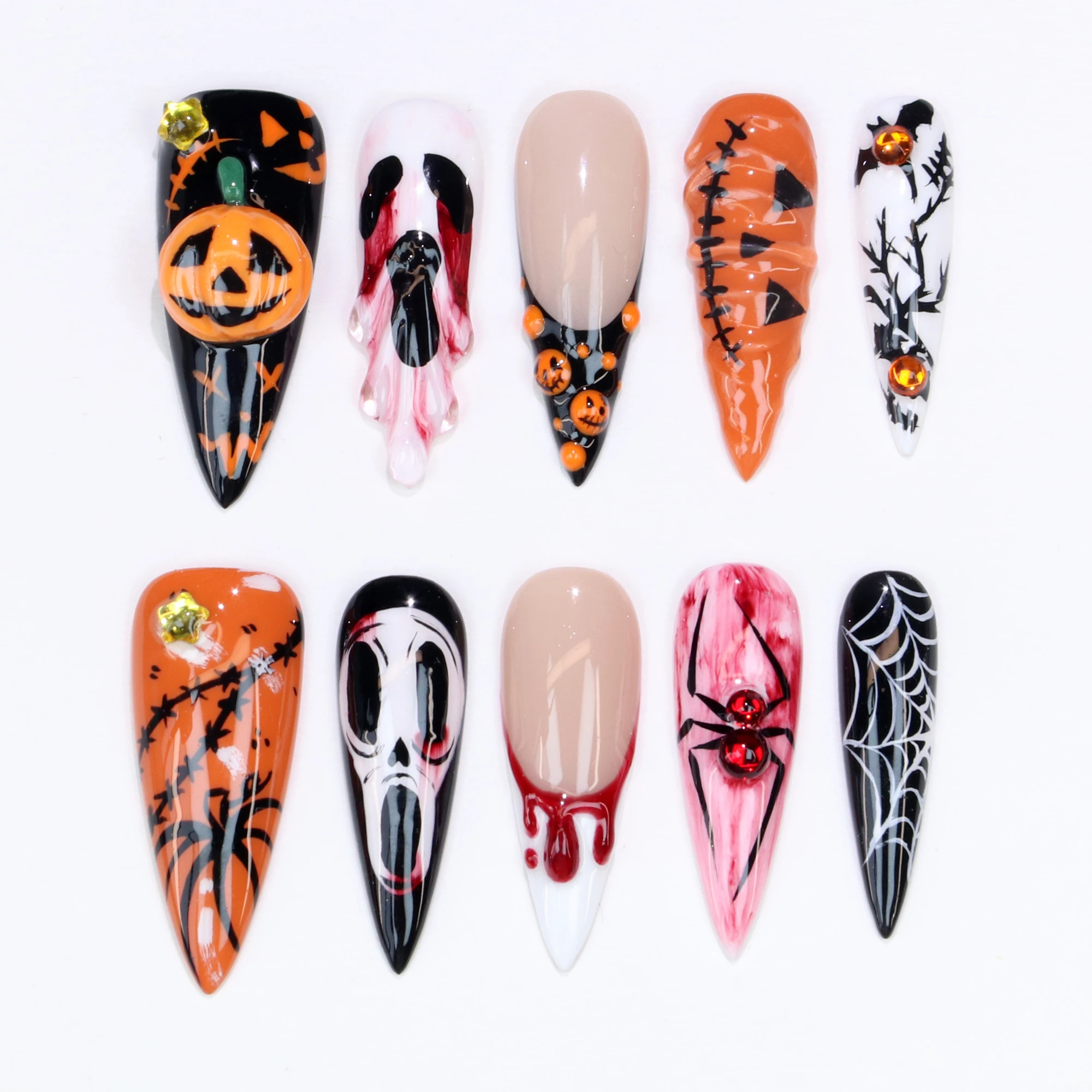 10Pcs 3Dl handmade Manicure Press On Nails, Acrylic Fake Handpainted Custom Spider Design All Saints' Day Adhesive Nail File Set