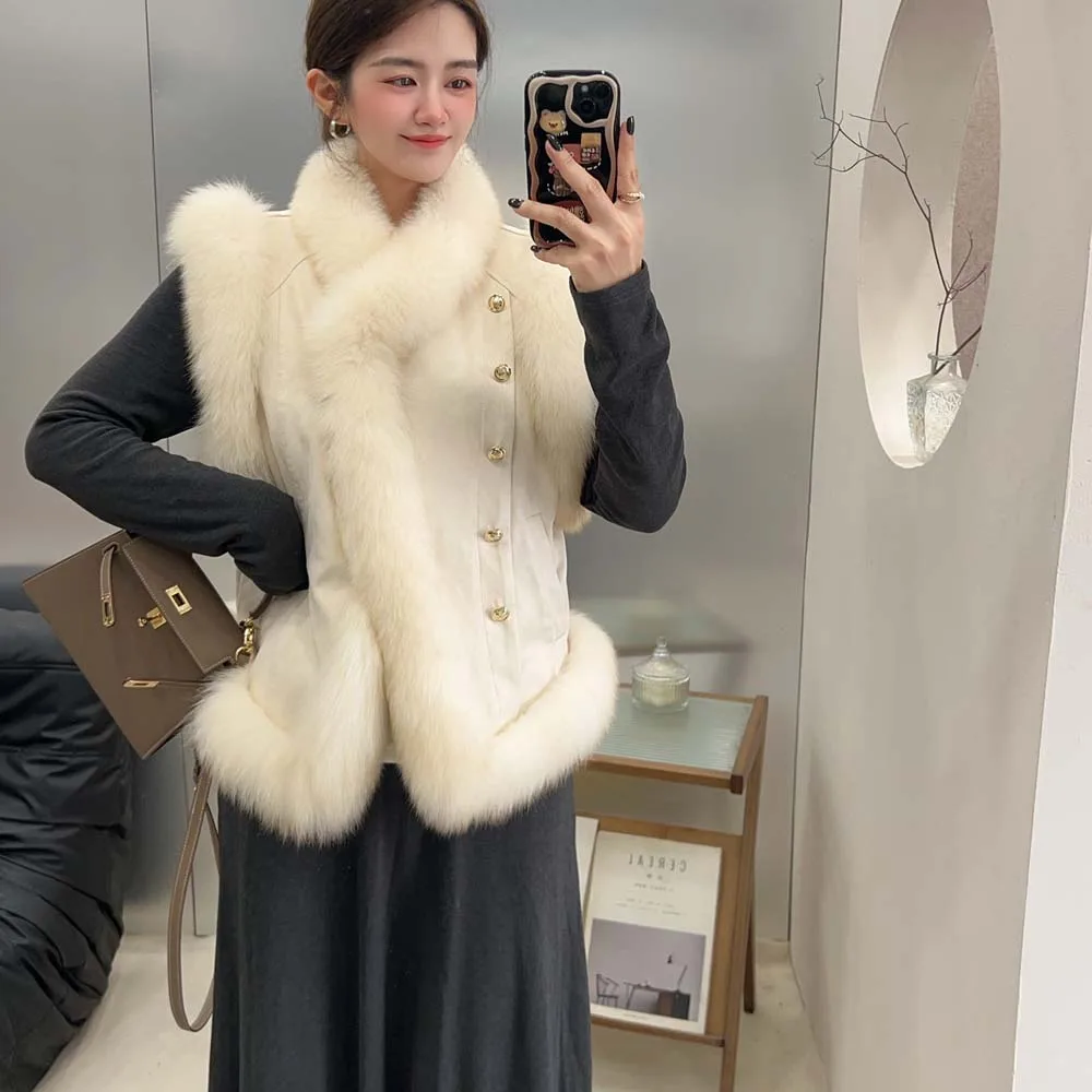 2025 المرأة الشتاء الثعلب الفراء سترة الحلو فروي جاكيت بلا إكمام صدرية أوزة أسفل بطانة الداخلية سترة