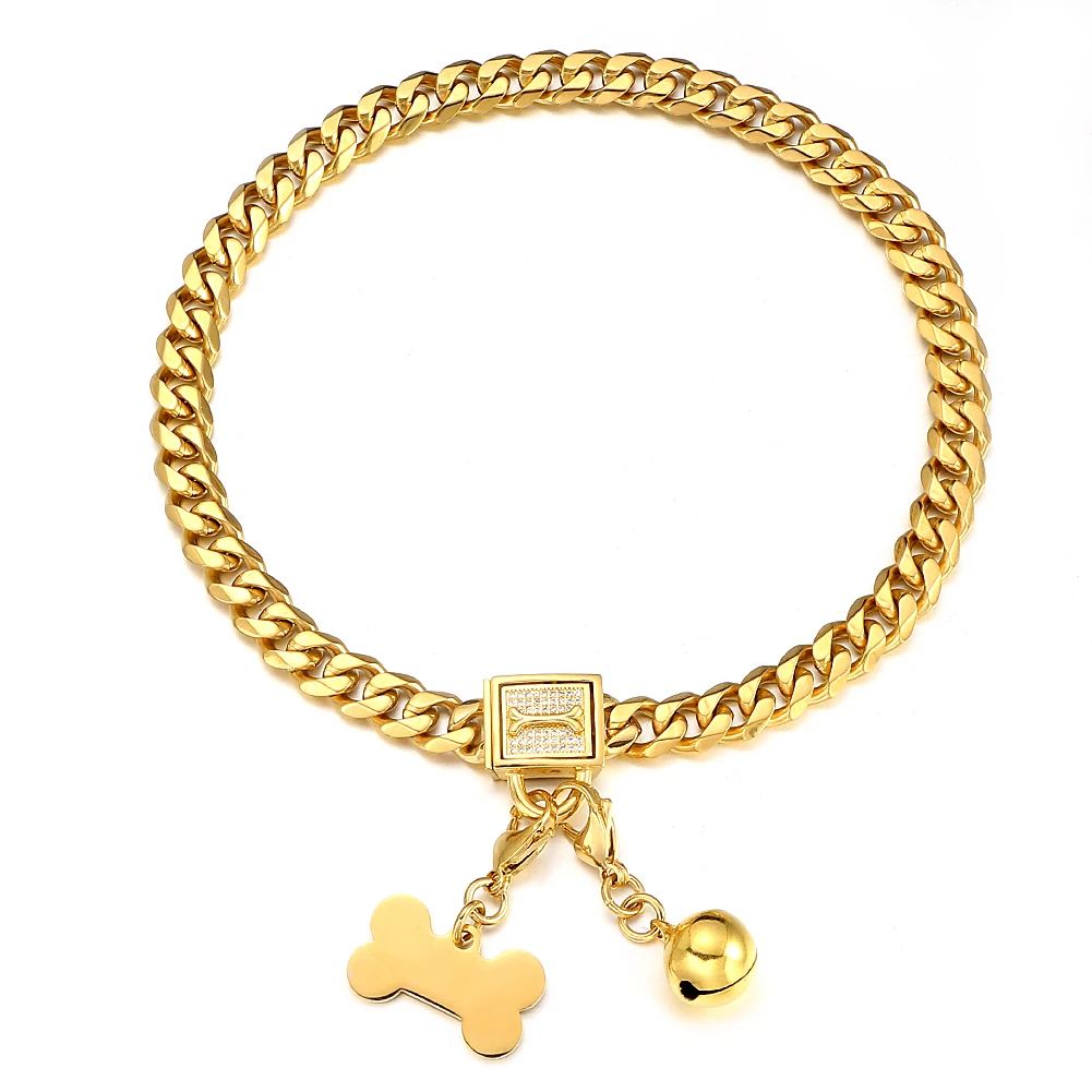 

11/15/19mm Width 10-26inch Length Choose Gold Tone 316L Stainless Steel Curb Cuban Link Chain Collar for Small Medium Large Dogs