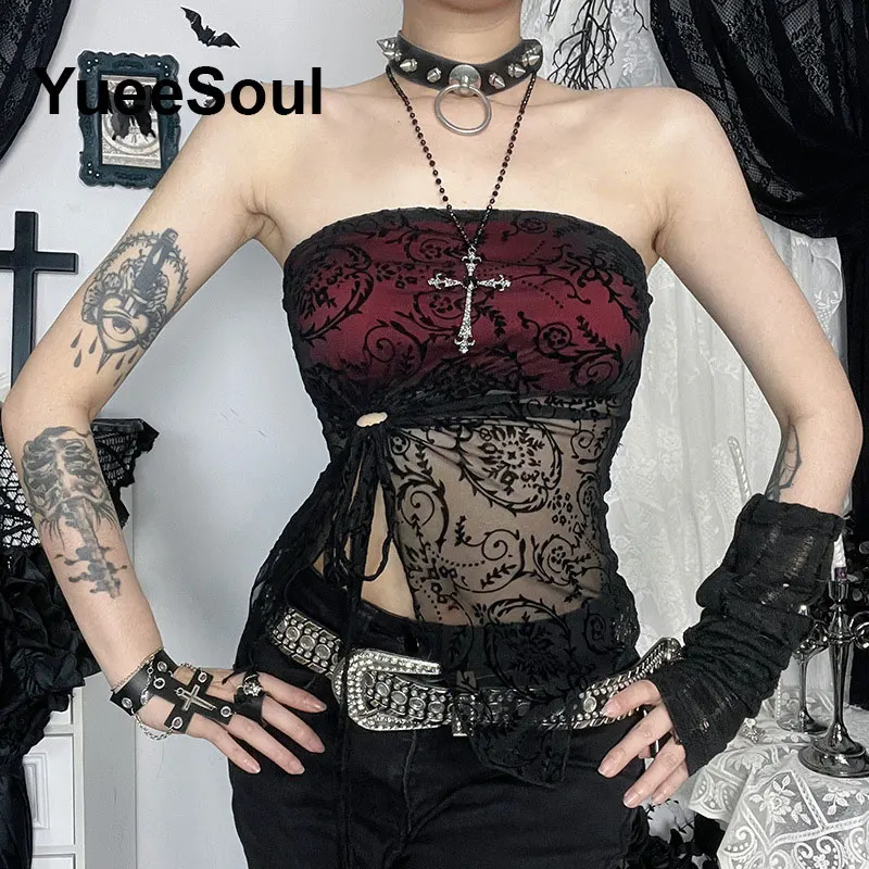 Gothic Crop Tops Black Spaghetti Strap Mesh Slim Corset Tops 2025 New Goth Punk Grunge Fairy Core Sexy Y2K Halloween Clothing image 2