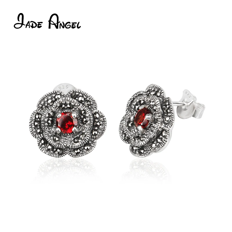 

Jade Angel 5MM Round Natural Garnet Stud Earrings for Women Flowers Earring With Marcasite 925 Sterling Silver Luxury Jewelry