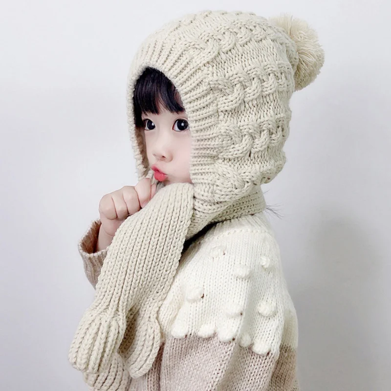 Solid Color Winter Baby Hat One-Piece Knitted Kids Hat Hooded Scarf Warm Neck Ear Cap for Girls Boys Windproof Beanies