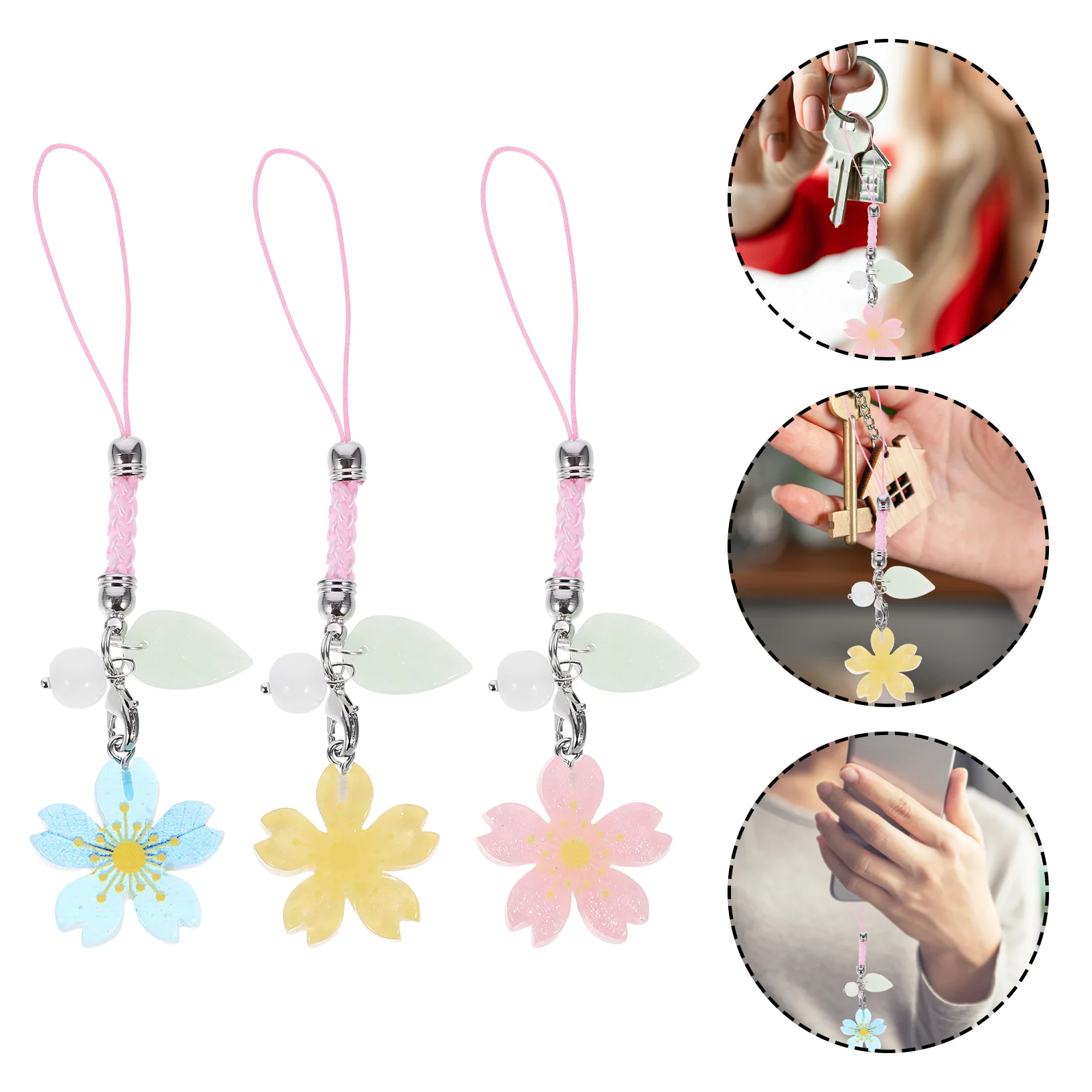 3 Pcs Sakura Earphone Pendant Chain Decorative The Call Charm Resin Strap Student Telephone