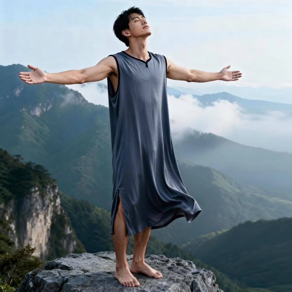 Multi-functional Knee-Length Men's Sleeping Dress Elastic Soft Night-robe Thin Plus Size Bathrobe Sleepwear