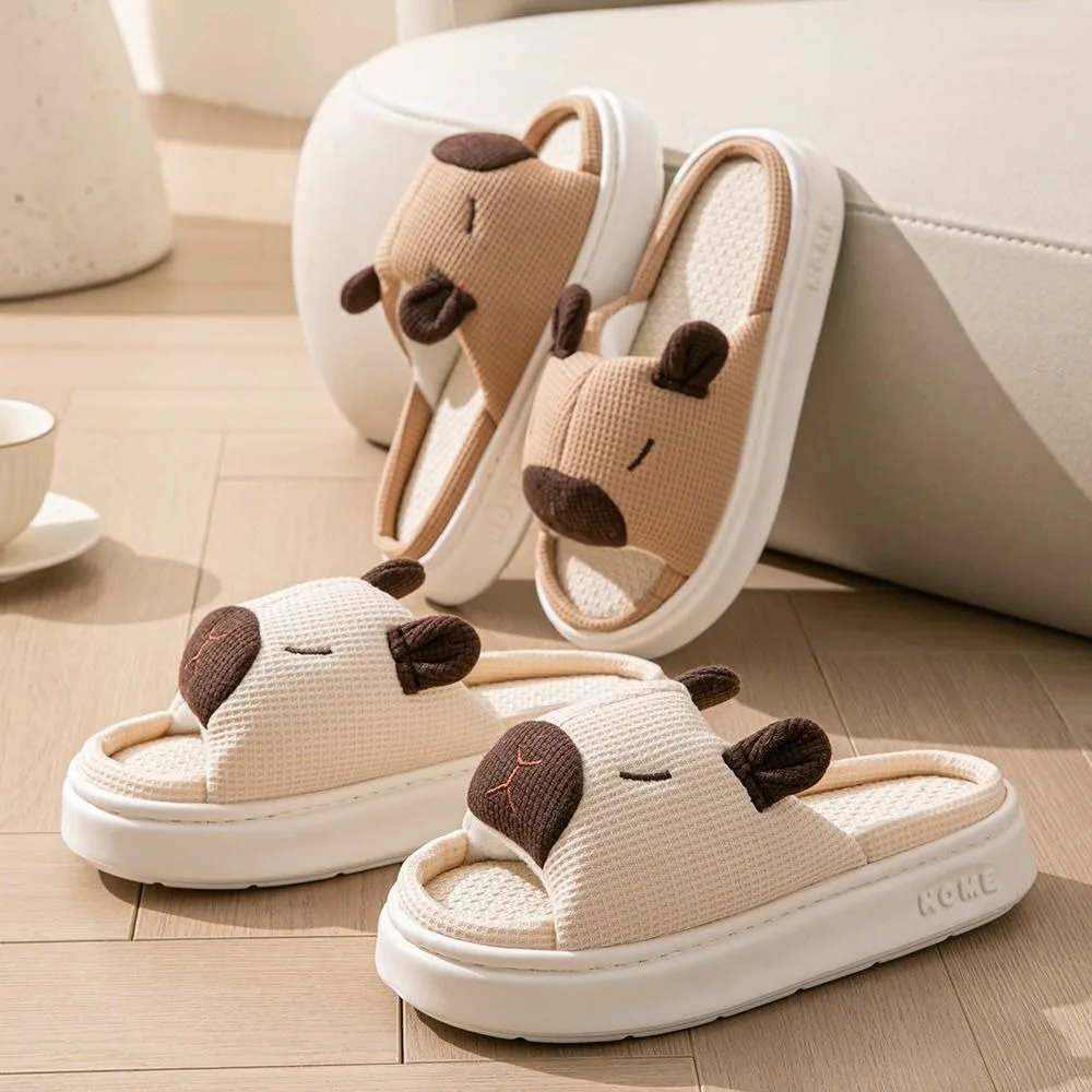 Sandal Anti-Selip Motif Kapibara Kartun, Sandal Kapibara Sol Tebal Bahan Linen, Sepatu Rumah, Sandal Linen Hewan Lucu
