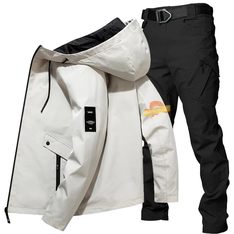 

Men Fashion Hooded Windproof Fishing Jacket Spring Autumn Thin Section Outdoor Leisure Sports Fishing Suit Tactical Hiking Pants