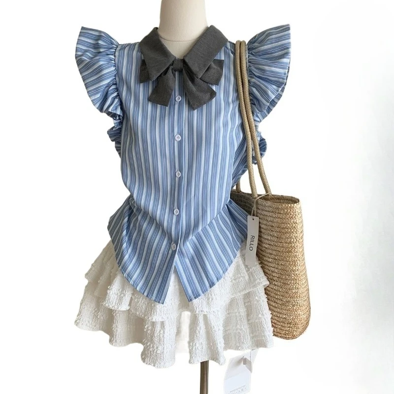 

High Waist Cake Short Skirt Two Pack Dress Sets College Striped Shirt Small Flying Sleeve Bow Slim Fit T-Shirt Student Skinny
