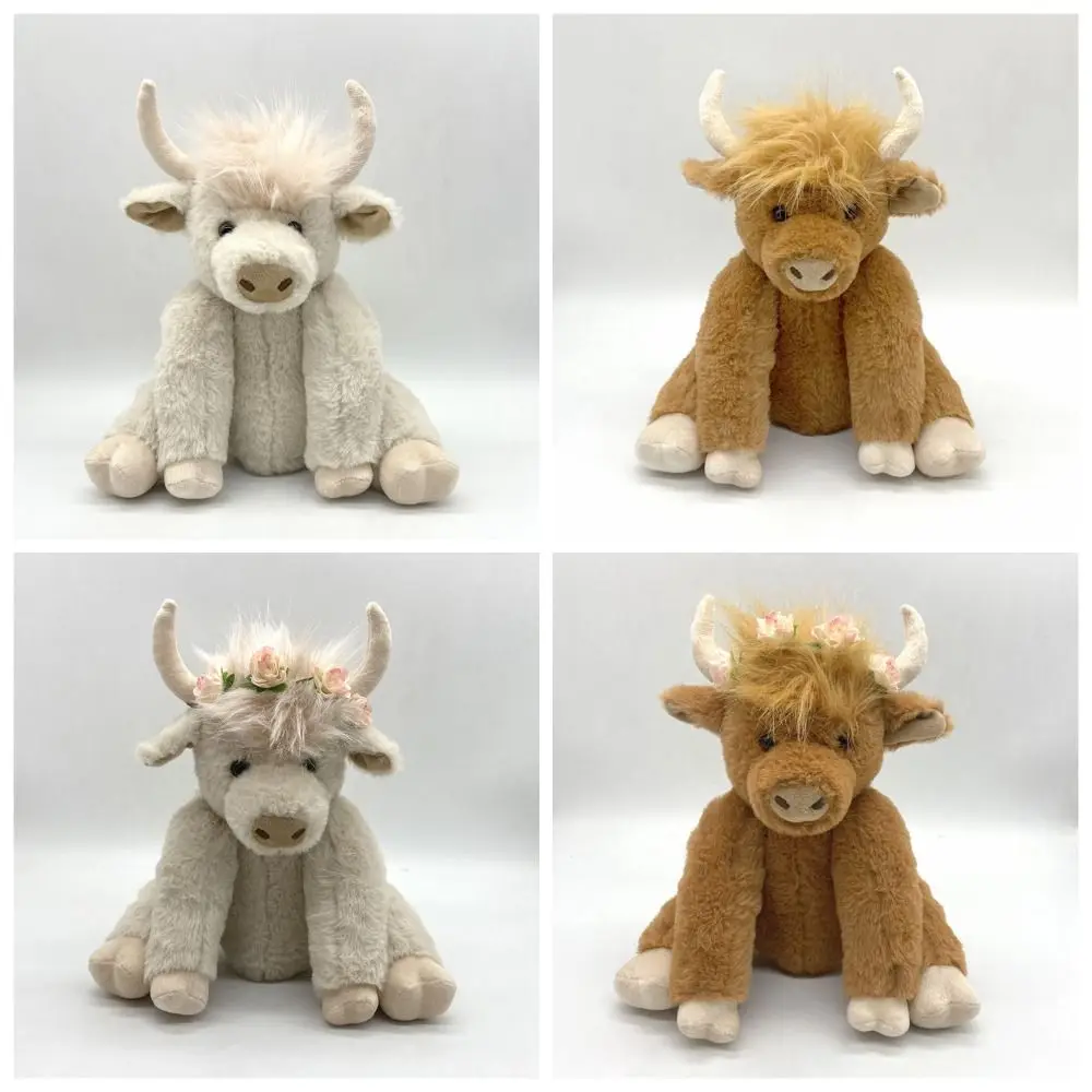 Simulation Highland Cow Plush Toy Joints Movable Flower Hairband Movable PP Cotton Doll Soft Toy Fluffy Texture