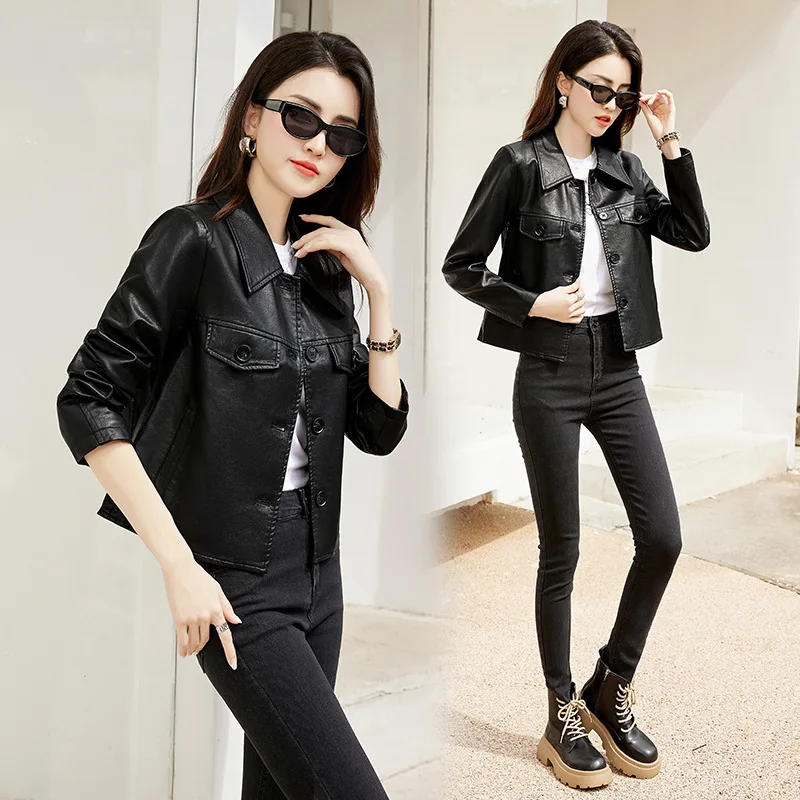 Short leather jacket, women's genuine leather, spring, autumn, and winter, new Korean version single breasted loose sheep