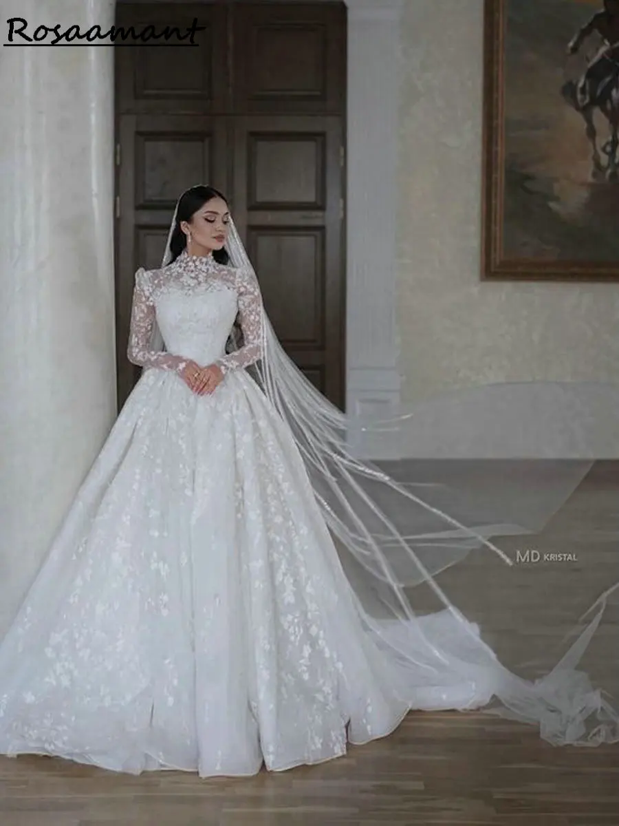 Luxury Long Sleeve Appliques Lace A-Line Wedding Dresses High Neck Customized Country Bridal Gowns