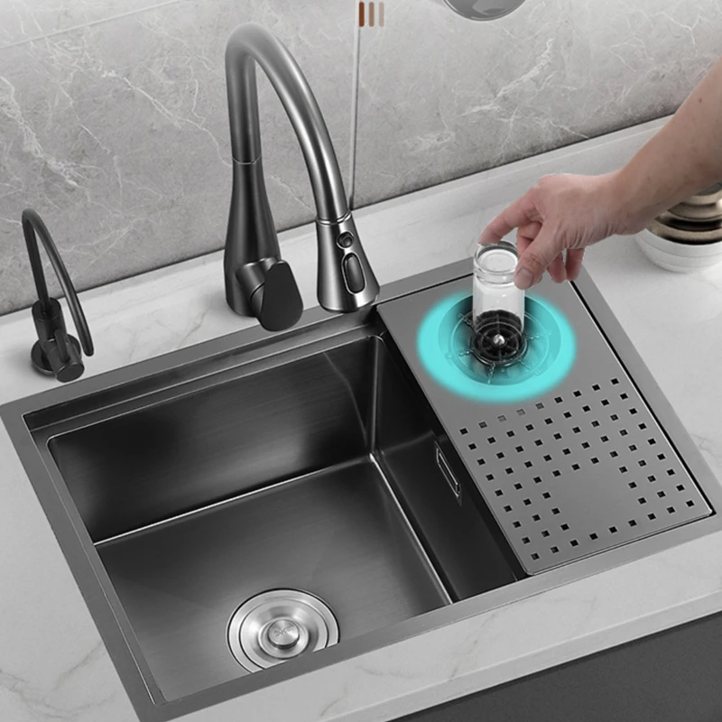 Black Nano Kitchen Sink With Cover Wash Basin Single slot Bowl Hidden Bar Kitchen Sink Faucet Drain Accessories For Home Fixture