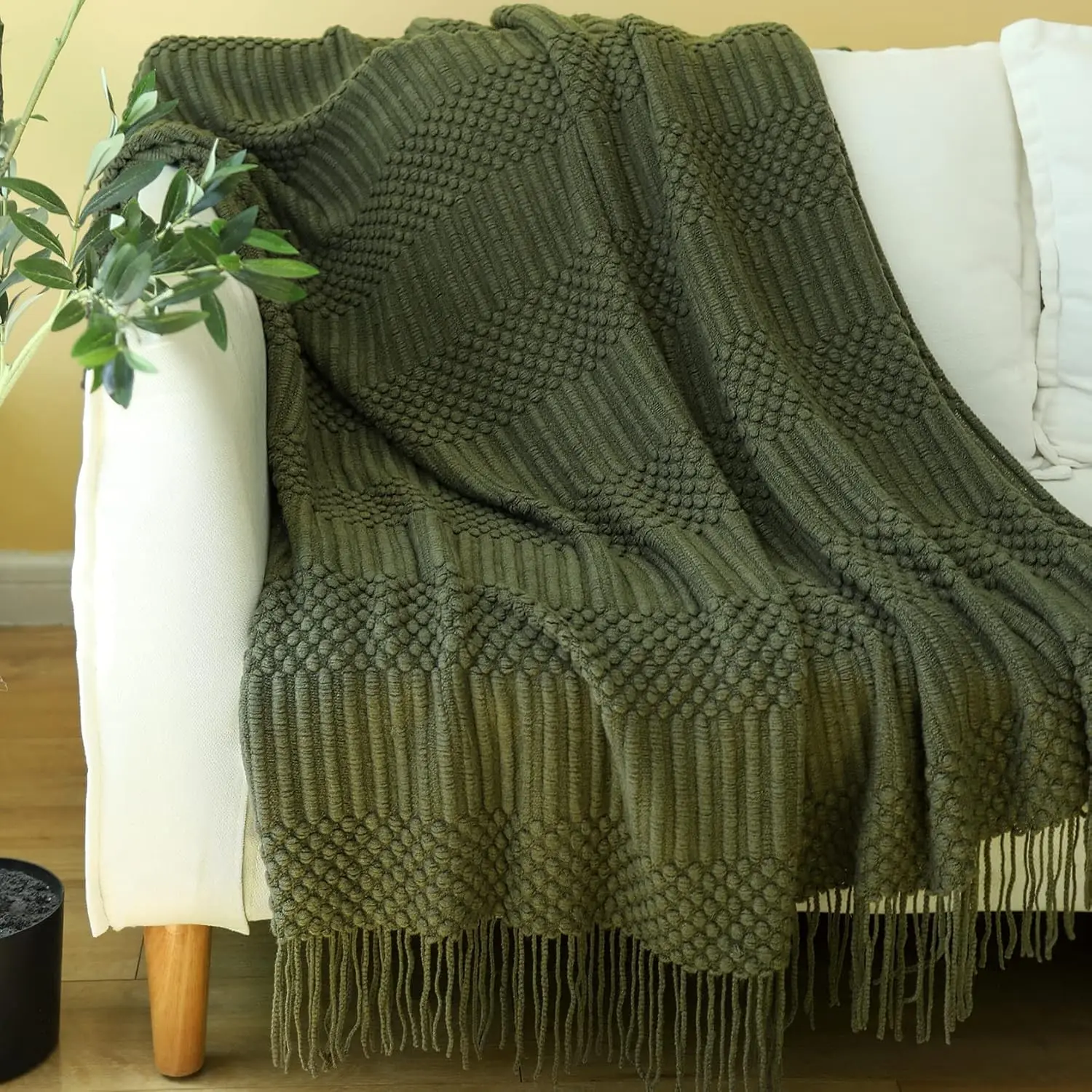 

Knitted Throw Blanket For Couch, Bed And Sofa. Super Soft Blanket With Tassels, Dark Green Throw Blanket, 60 X 80 Hes