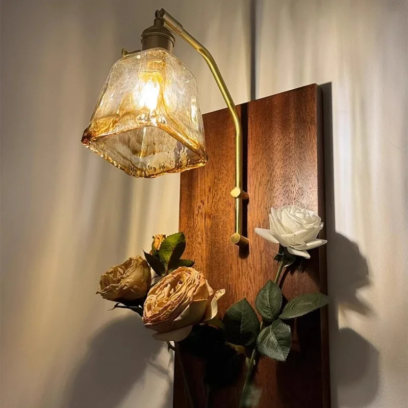 

Wood Copper Glass Wall Lights Home E27 Living Room Background Wall Decoration Lamps Indoor Lighting Bedroom Bedside Wall Lamps